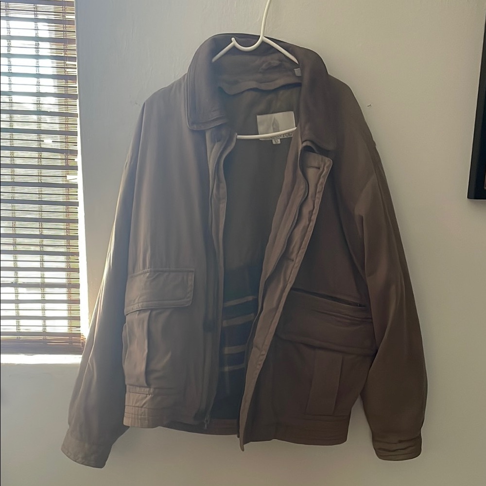 Brown Military Field Jacket with Utility Style and Stand-Up Collar